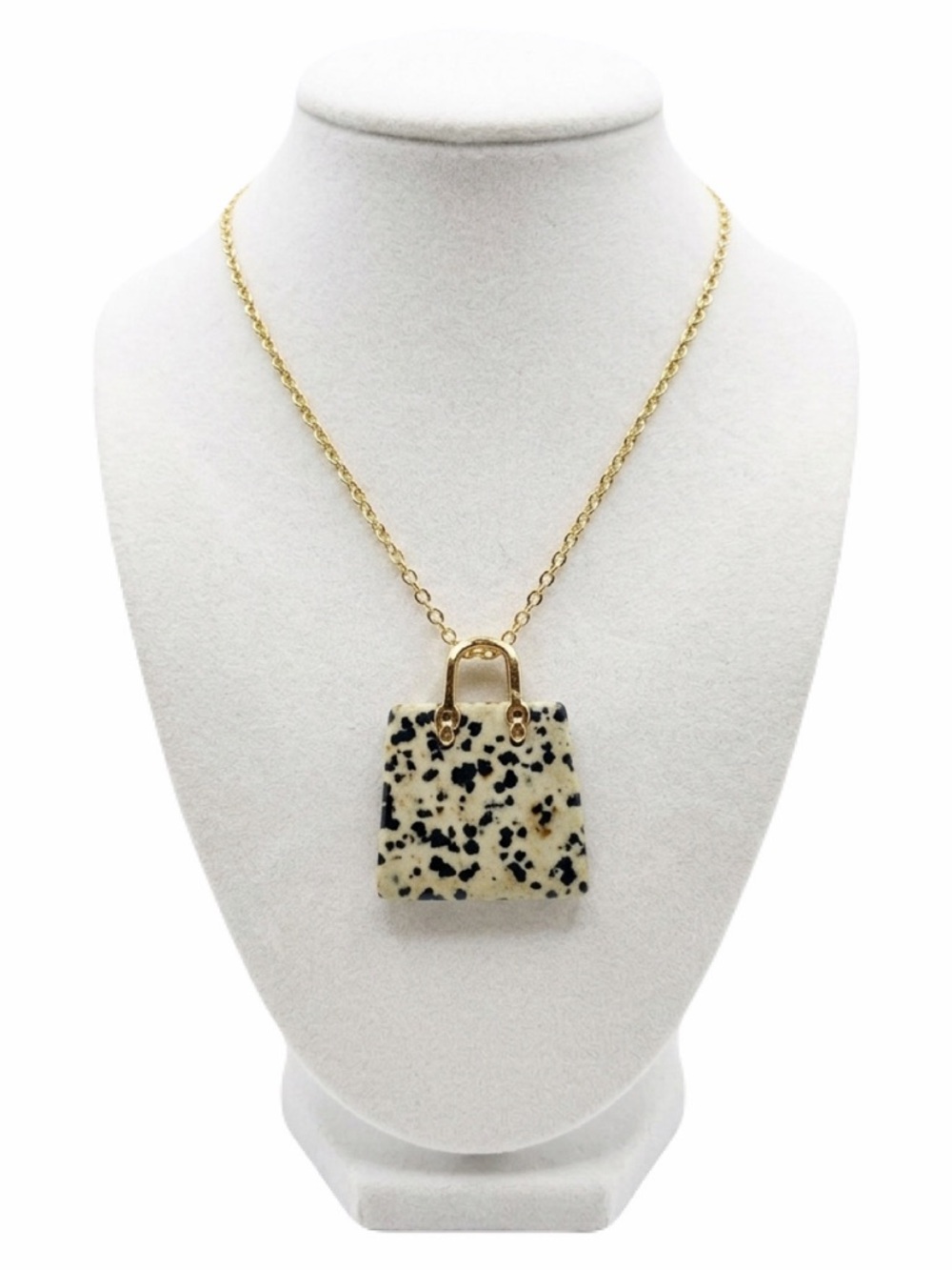 New Artisan 14k Gold Lady Christian Dior Dalmatian Jasper Handbag Necklace